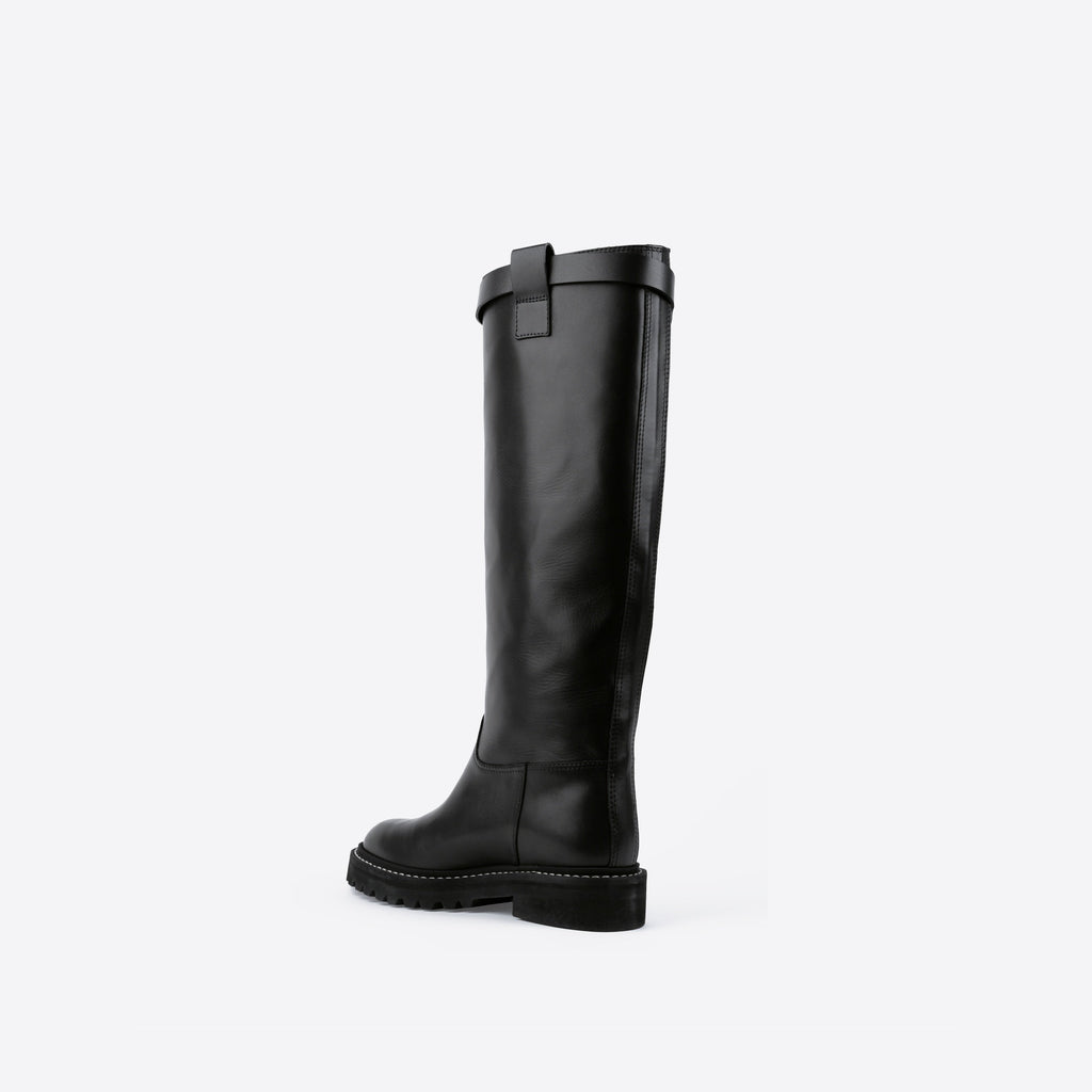 Black knee-high boot on a white background