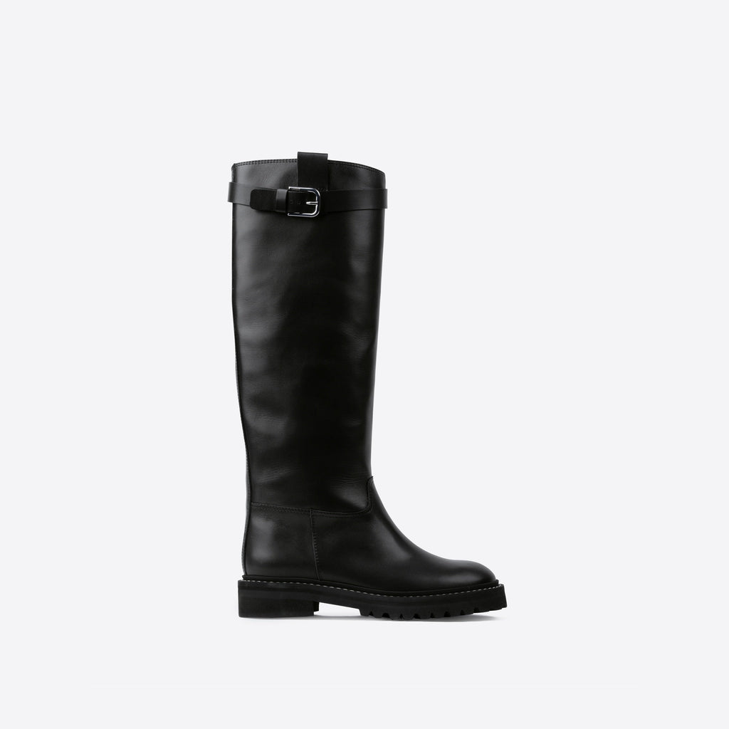 Black knee-high boot with a buckle on a white background