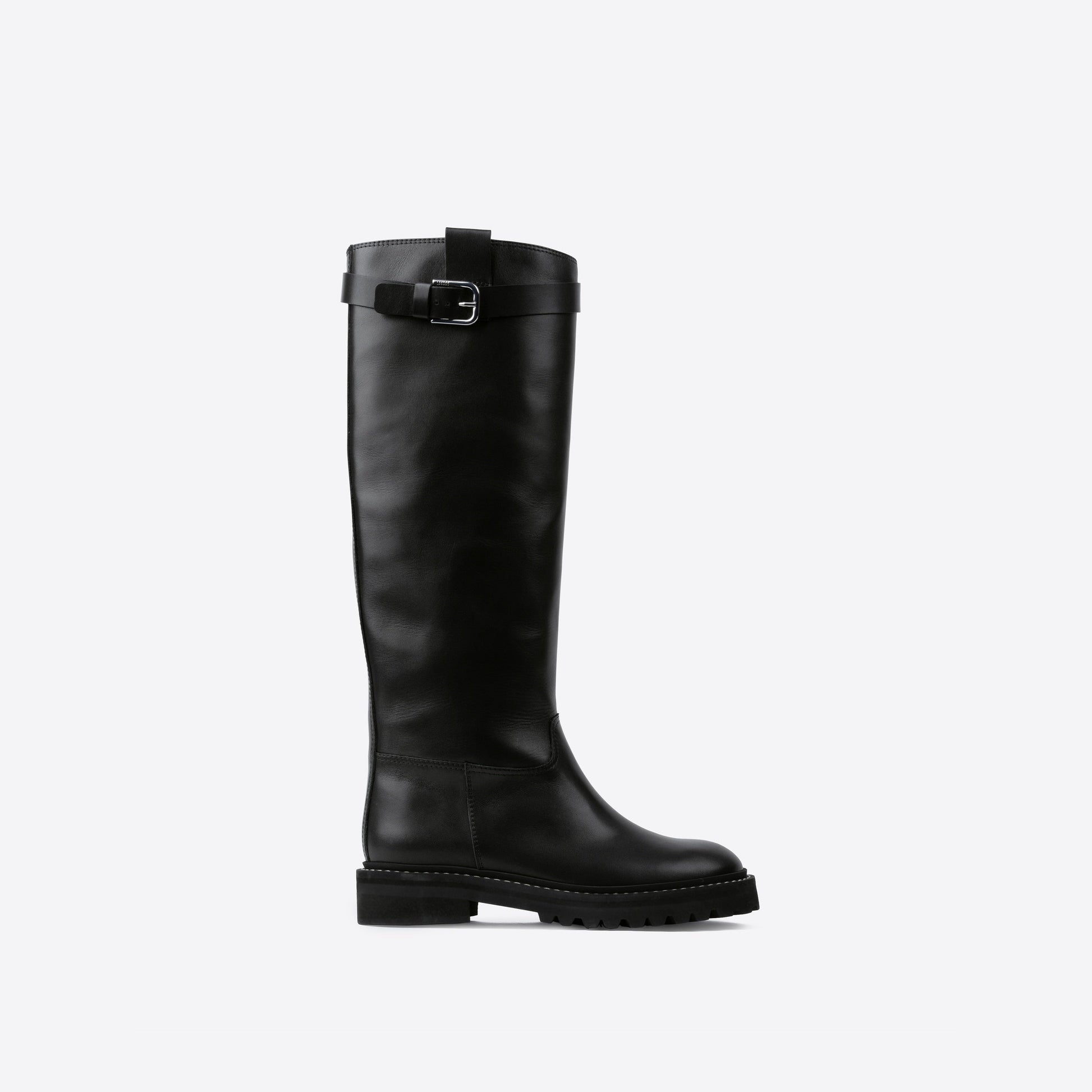 Black knee-high boot with a buckle on a white background