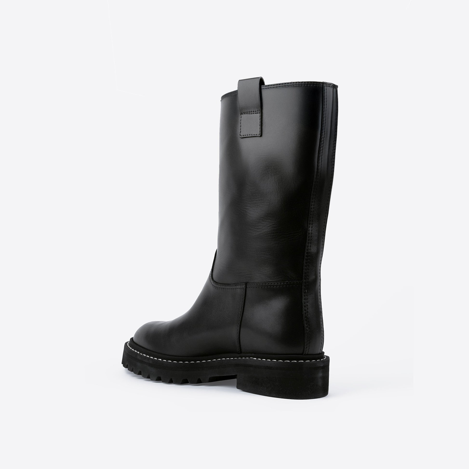 Black leather boot with rubber outsole on white background