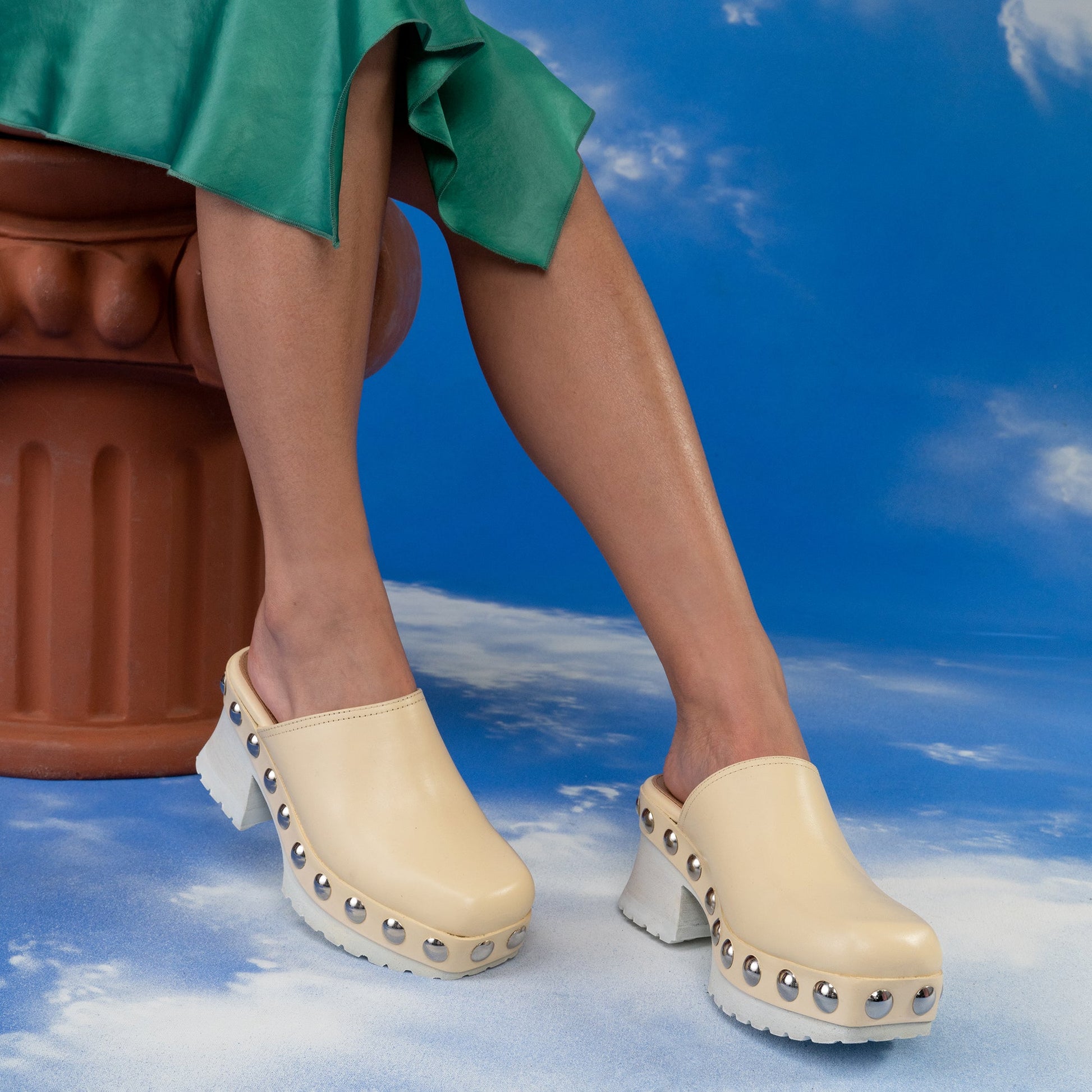 Labucq Clog Mule Cream Vachetta Leather with Silver Studs