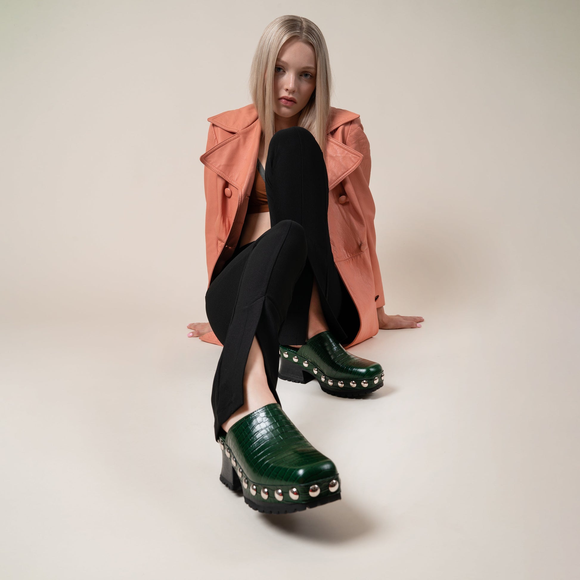 Labucq Clog Emerald Green Embossed Crocco Leather