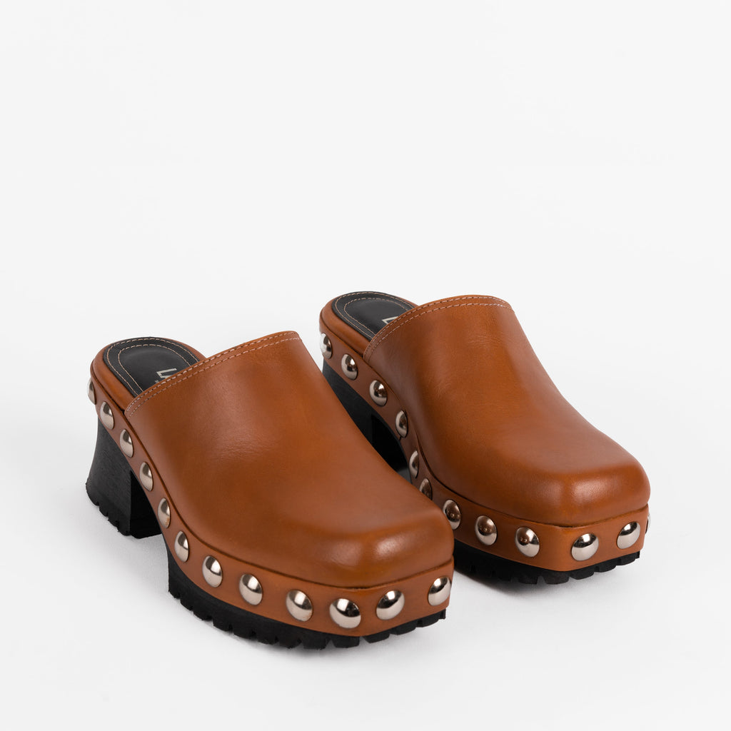 Labucq Clog Mule Tan Vacchetta Leather with Silver Studs