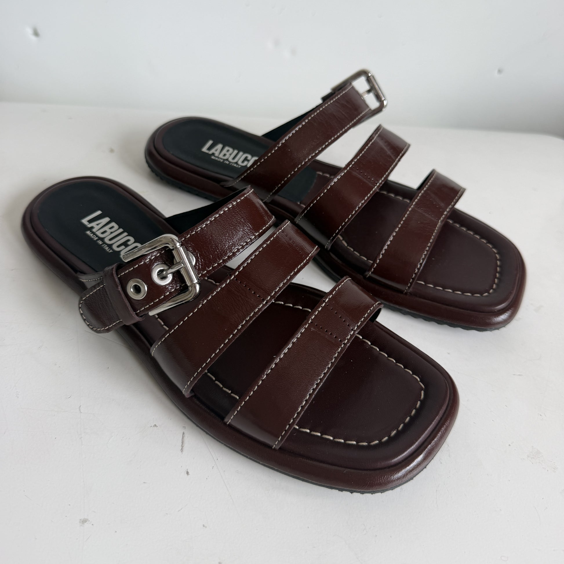 Triple Strap Buckle Sandal Brown Patent Sample Size 37