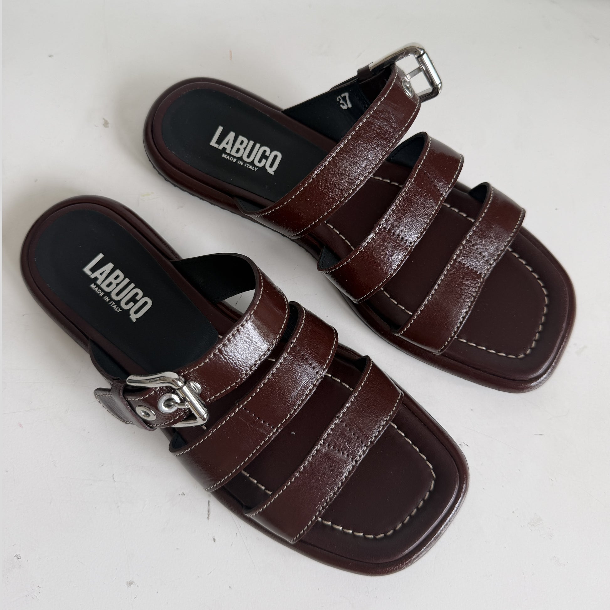 Triple Strap Buckle Sandal Brown Patent Sample Size 37