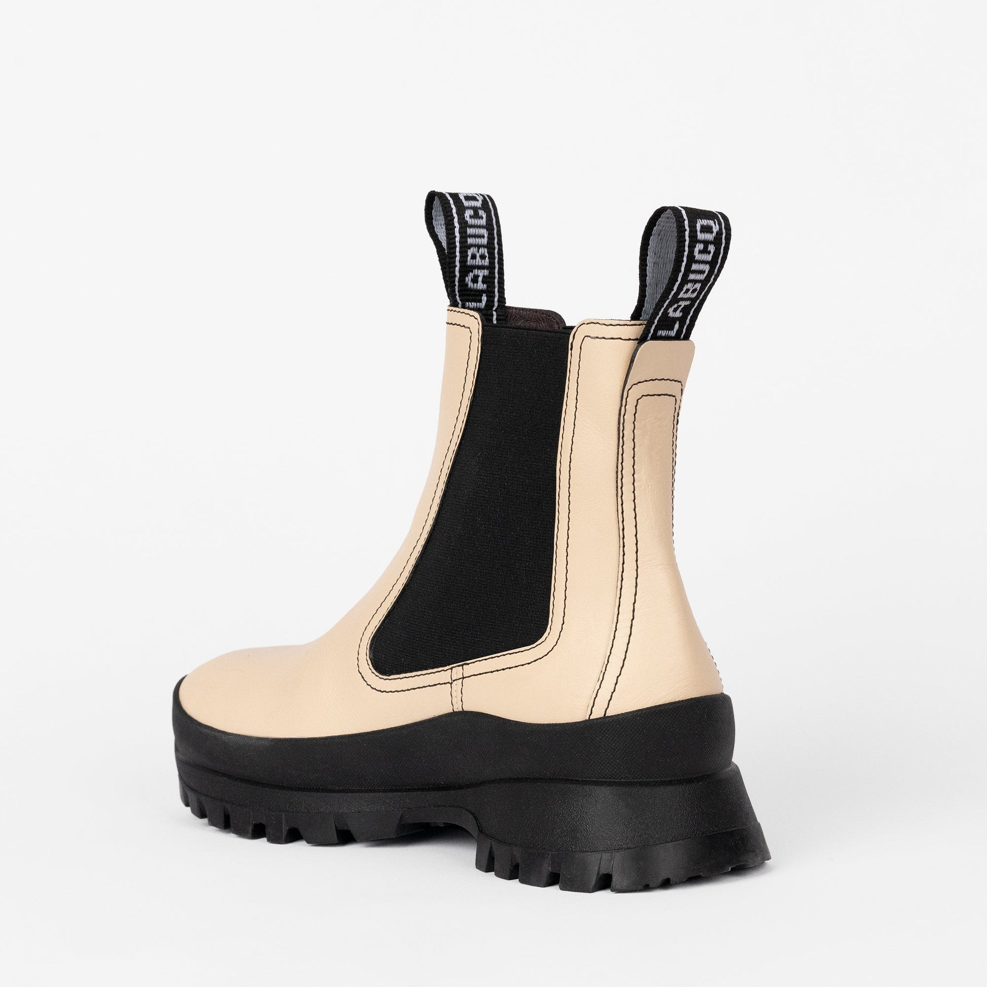 Labucq Suba Chelsea Boot in Cream. Heel View.