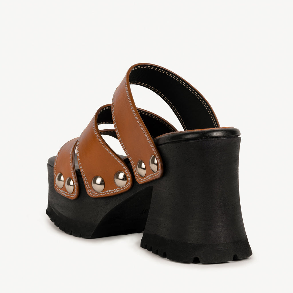 Labucq Slog Clog Sandal Tan Vacchetta Leather with silver studs