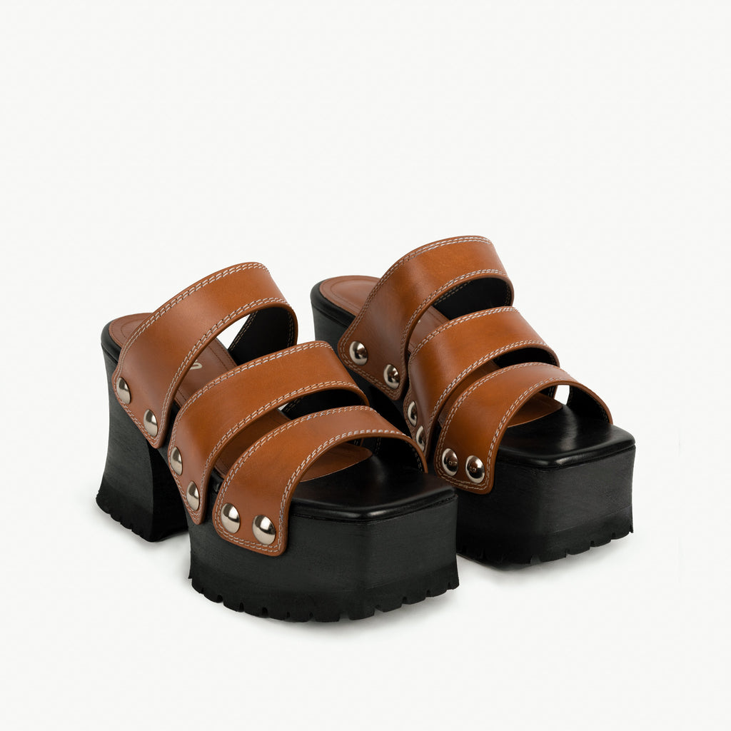 Labucq Slog Clog Sandal Tan Vacchetta Leather with silver studs