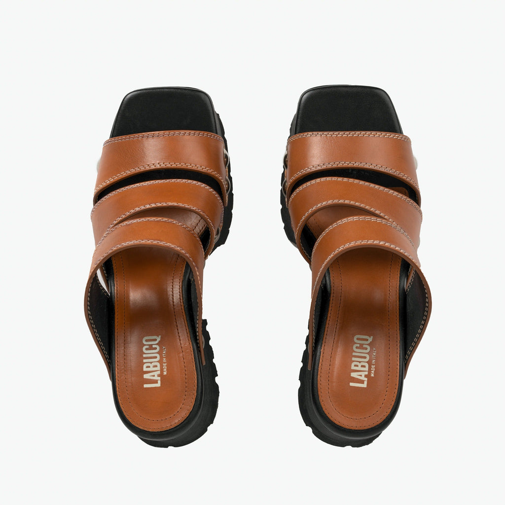 Labucq Slog Clog Sandal Tan Vacchetta Leather with silver studs