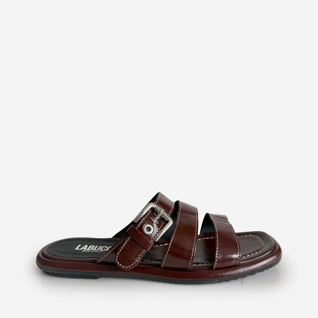 Triple Strap Buckle Sandal Brown Patent Sample Size 37