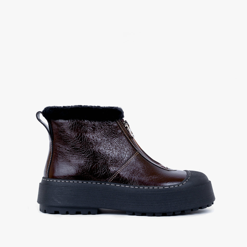 Labucq Teddy Zip Boot Dark Brown with Black Shearling Lining and Black Outsole