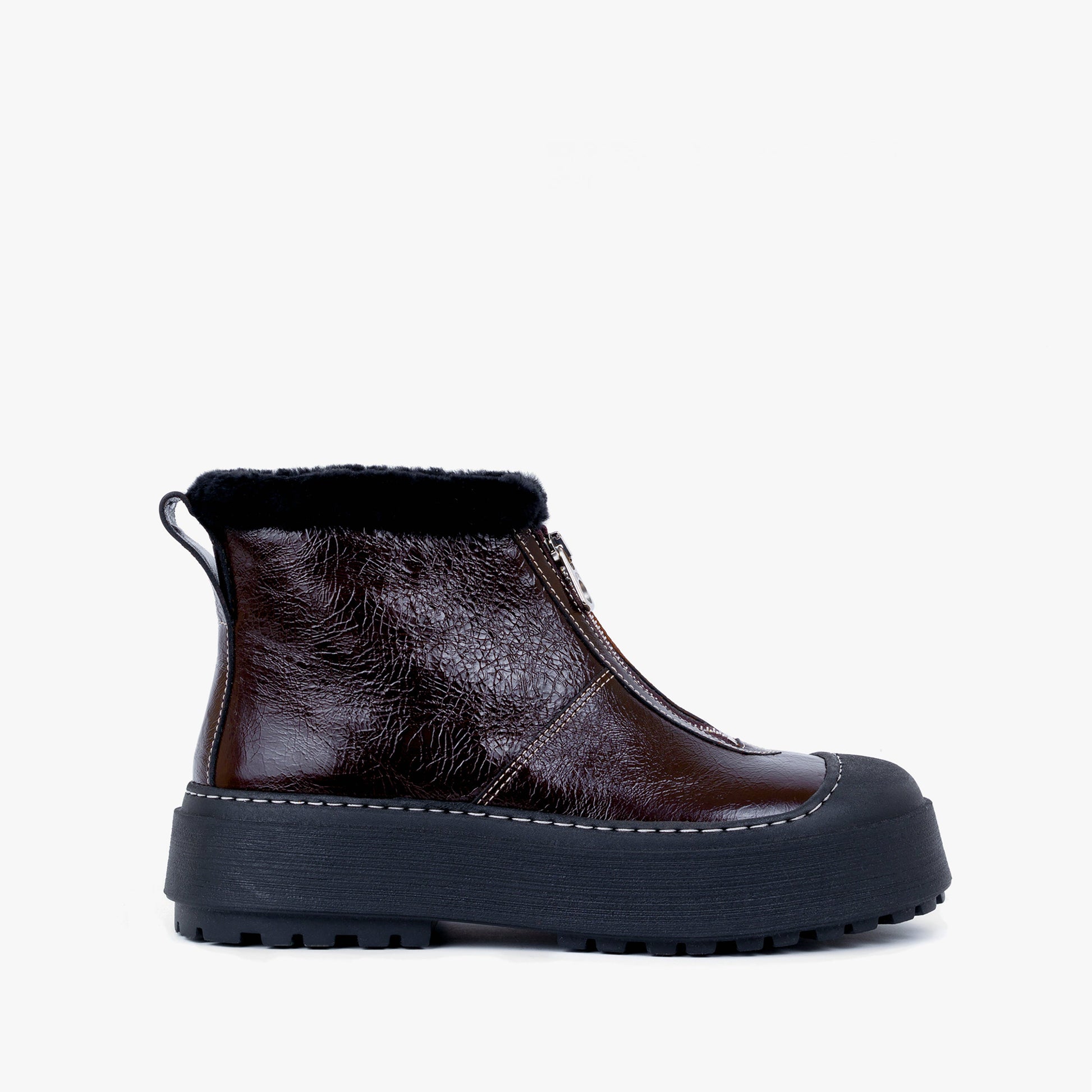 Labucq Teddy Zip Boot Dark Brown with Black Shearling Lining and Black Outsole