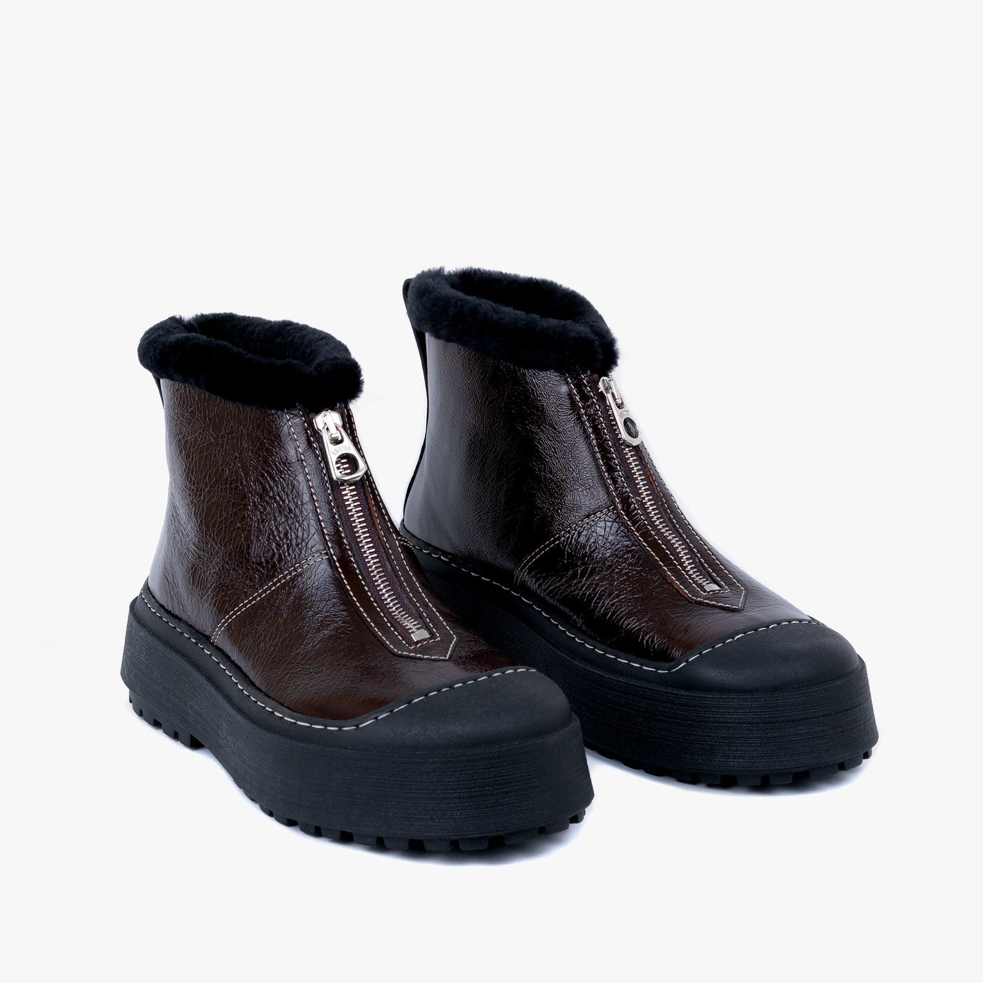 Labucq Teddy Zip Boot Dark Brown with Black Shearling Lining and Black Outsole