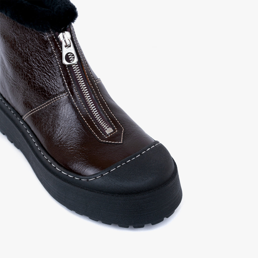 Labucq Teddy Zip Boot Dark Brown with Black Shearling Lining and Black Outsole