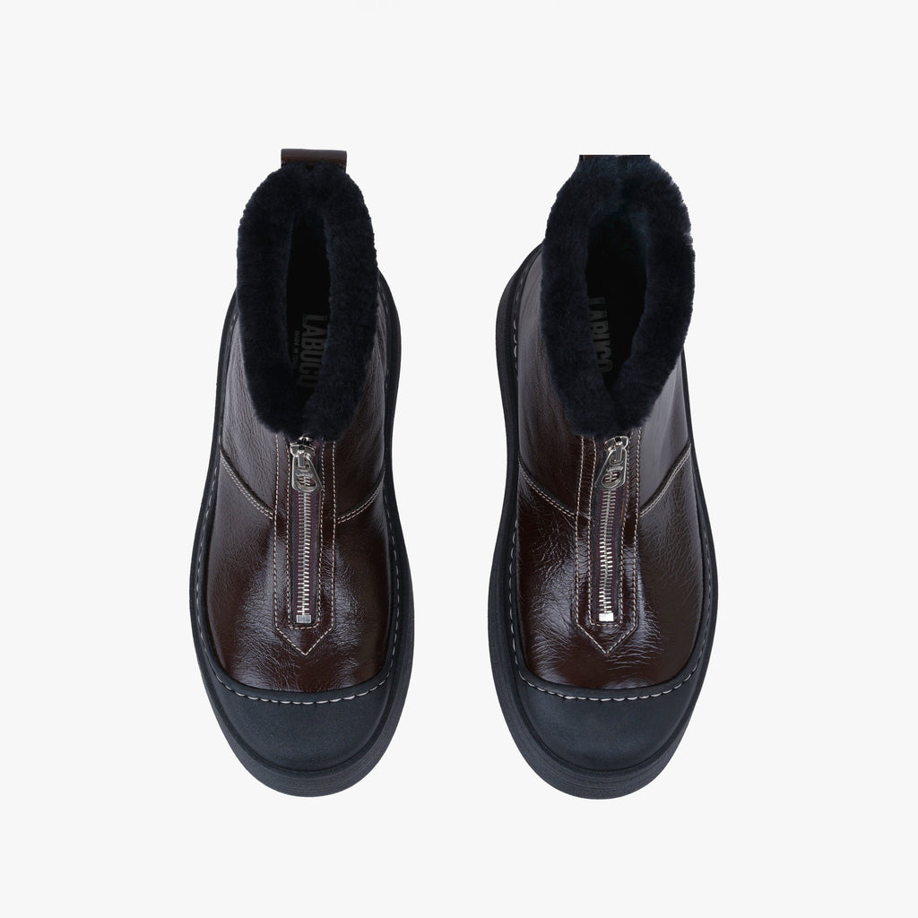 Labucq Teddy Zip Boot Dark Brown with Black Shearling Lining and Black Outsole